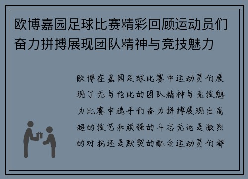 欧博嘉园足球比赛精彩回顾运动员们奋力拼搏展现团队精神与竞技魅力